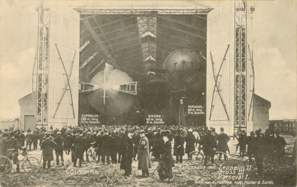 Die Belegung der Luftschiffhalle in Kln Bickendorf mit den Luftschiffen Zeppelin, Gross und Parseval 