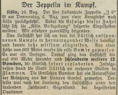 Zeitungsartikel zur Fahrt von Z VI "Cln" nach dem Angriff auf Lttich.
