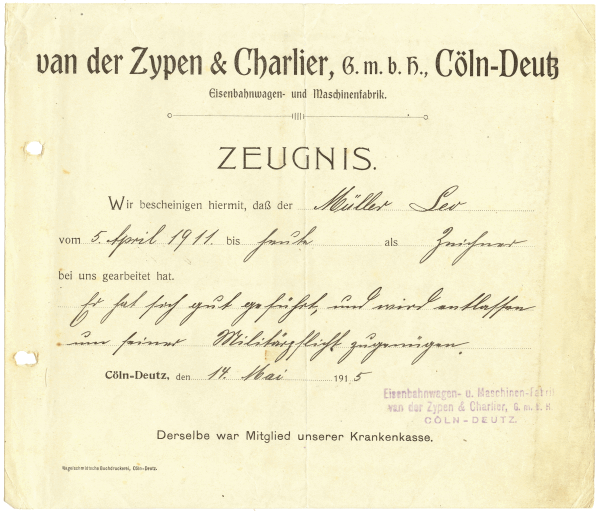 Zeugnis der Firma Van der Zypen & Charlier Kln Deutz