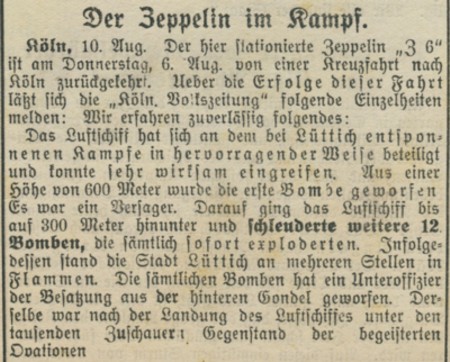 Zeitungsbericht zum Luftangriff auf Lttich durch LZ VI Cln