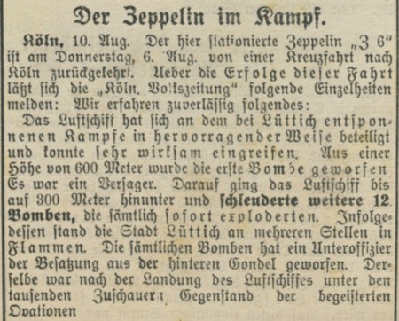 Zeitungsbericht zum Luftangriff auf Lttich durch LZ VI Cln