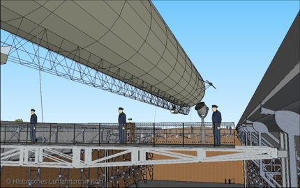 Unterirdische Luftschiffhalle - ein Luftschiff fährt an.