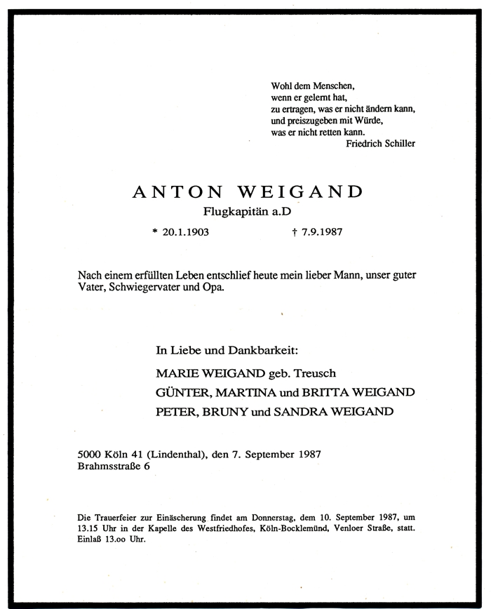 Todesanzeige des Flugkapitn Anton Weigand 1987