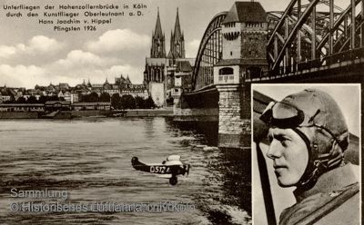 Hans Joachim von Hippel unterfliegt die Hohenzollernbrücke