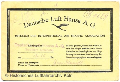 Flugticket der Lufthansa Flughafen Kln Butzweilerhof 1926