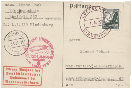 Luftpost Luftschiff Hndenburg vom 3. Mai 1937 Butzweilerhof