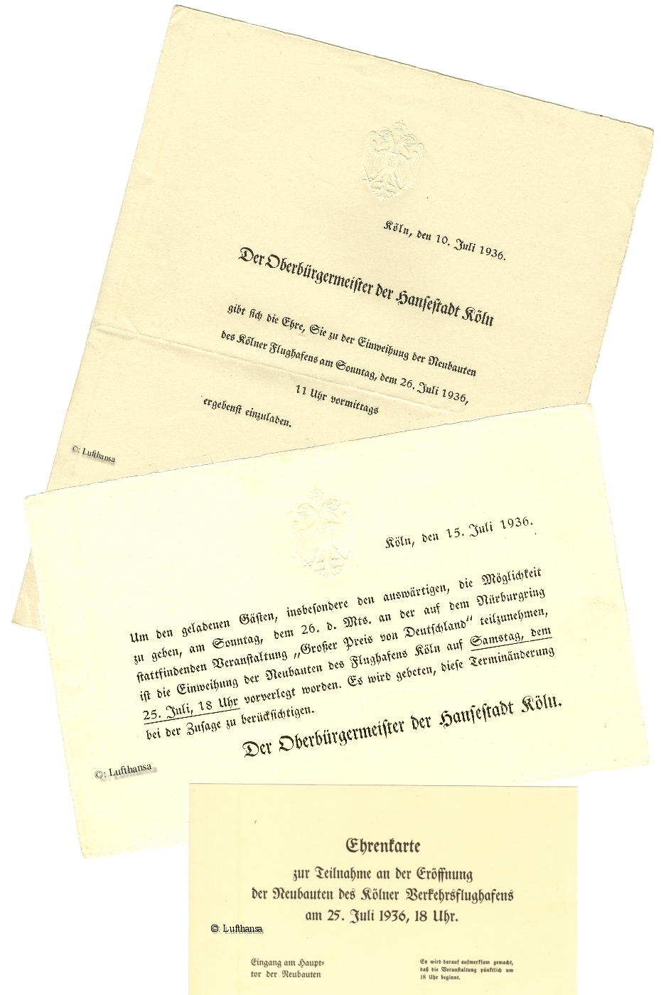 Einladung und Terminänderung zur Einweihung des Neubaus Flughafen Köln Butzweilerhof durch den Oberbürgermeister der  Stadt Köln am 25.07.1936
