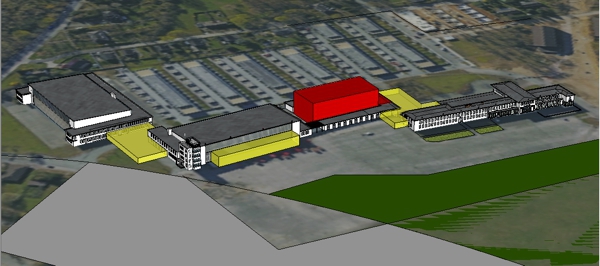 3D-Modell der von Motorworld geplanten Anbauten an die historischen Flughafengebäude