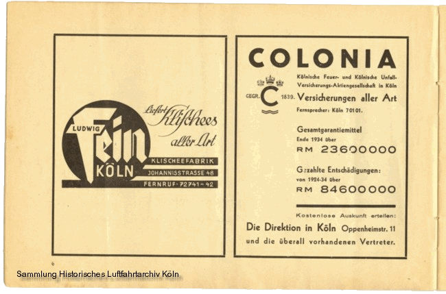 Volksflugtag 1935 Flughafen Kln Butzweilerhof Werbung Fein Colonia Versicherung