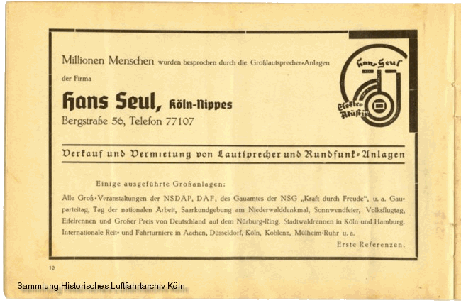 Volksflugtag 1935 Flughafen Kln Butzweilerhof Werbung Seul Lautsprecheranlage