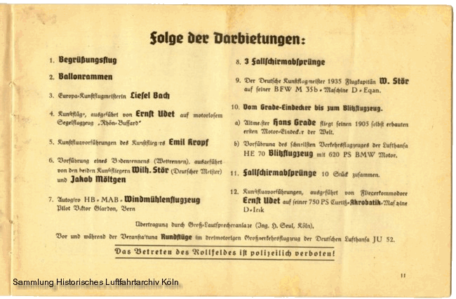 Volksflugtag 1935 Flughafen Kln Butzweilerhof Programm