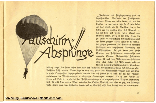 Volksflugtag 1935 Flughafen Köln Butzweilerhof Erklärung Fallschirmabsprünge