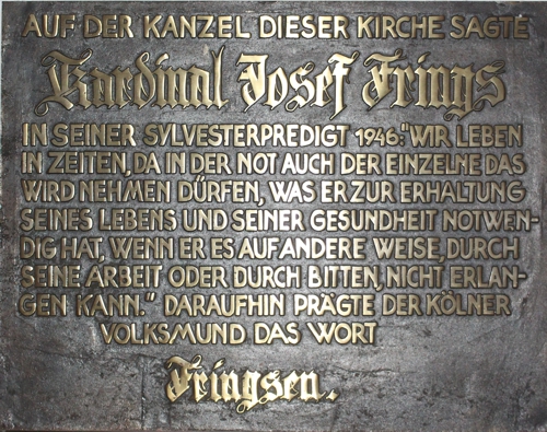 Gedenkplatte zur Silvesterpredigt in St. Engelbert durch Kardinal Frings in Kln-RiehlKln