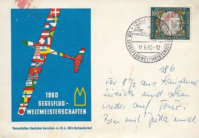 Postkarte der Segelflug-Weltmeisterschaft 1960 Köln Butzweilerhof