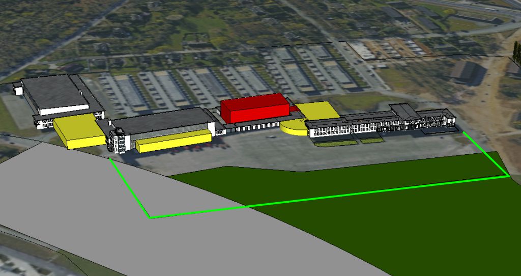 Anbauten und Motel der Firma Motorworld Kln an den Flughafengebuden des Butzweilerhofs