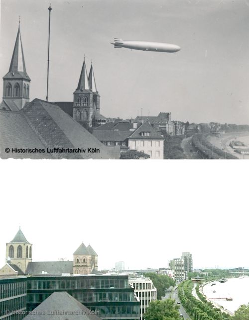 LZ 127 "Graf Zeppelin" über Köln auf dem Weg zur Einweihung der Mülheimer Brücke